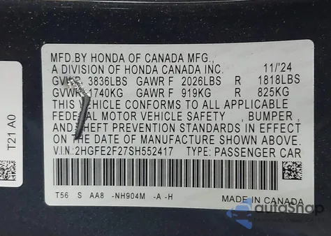 2025 Honda Civic Lx z USA, uszkodzony, nr VIN 2HGFE2F27SH552417